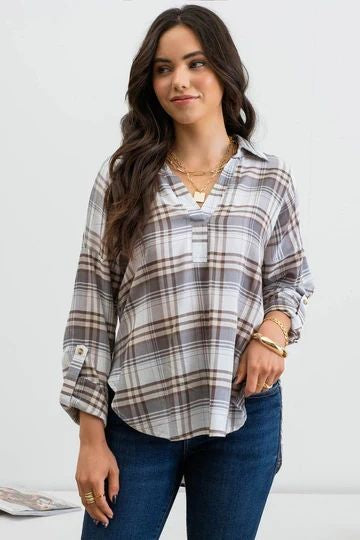 PLAID SPLIT NECK TOP