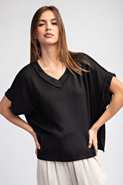 Textured V-Neck Short Sleeve Top