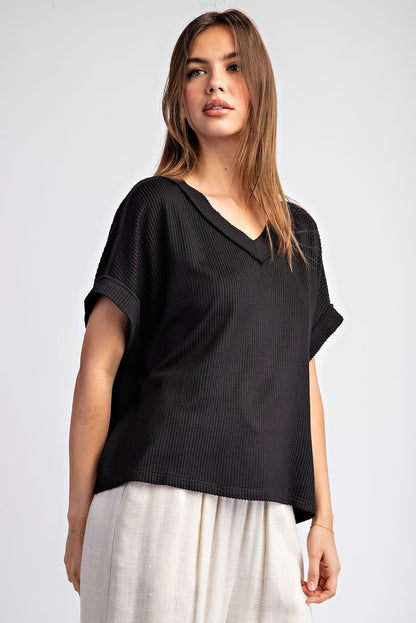 Textured V-Neck Short Sleeve Top