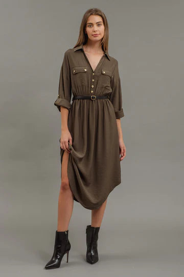 COLLARED HALF BUTTON 3/4 SLEEVE BELTED MIDI DRESS