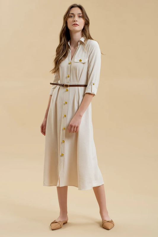 COLLARED 3/4 BELTED MIDI DRESS