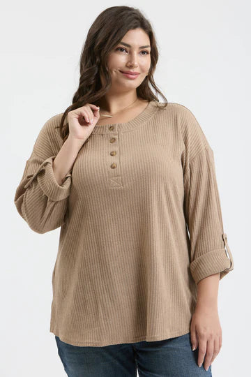 TAB SLEEVE HENLEY KNIT TOP