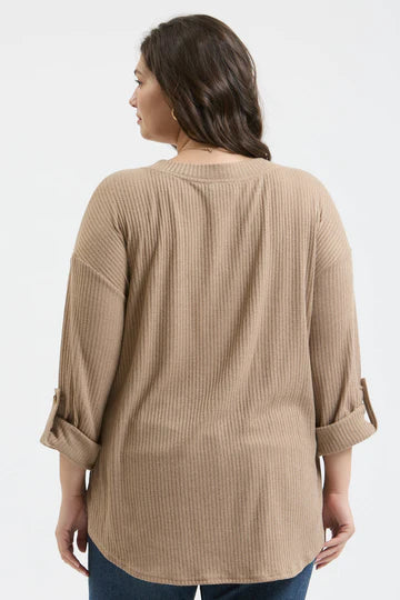 TAB SLEEVE HENLEY KNIT TOP