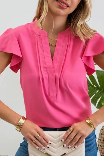 PLEATED SPLIT NECK FLUTTER SLEEVE TOP